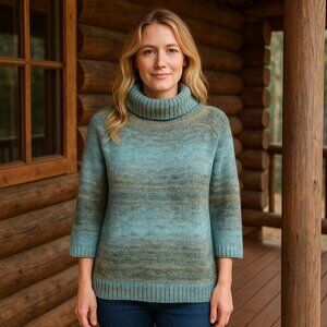 Ponsesa Blue Green Watercolor Knit Turtleneck Wool Blend‎ Cozy Holiday Cabin M